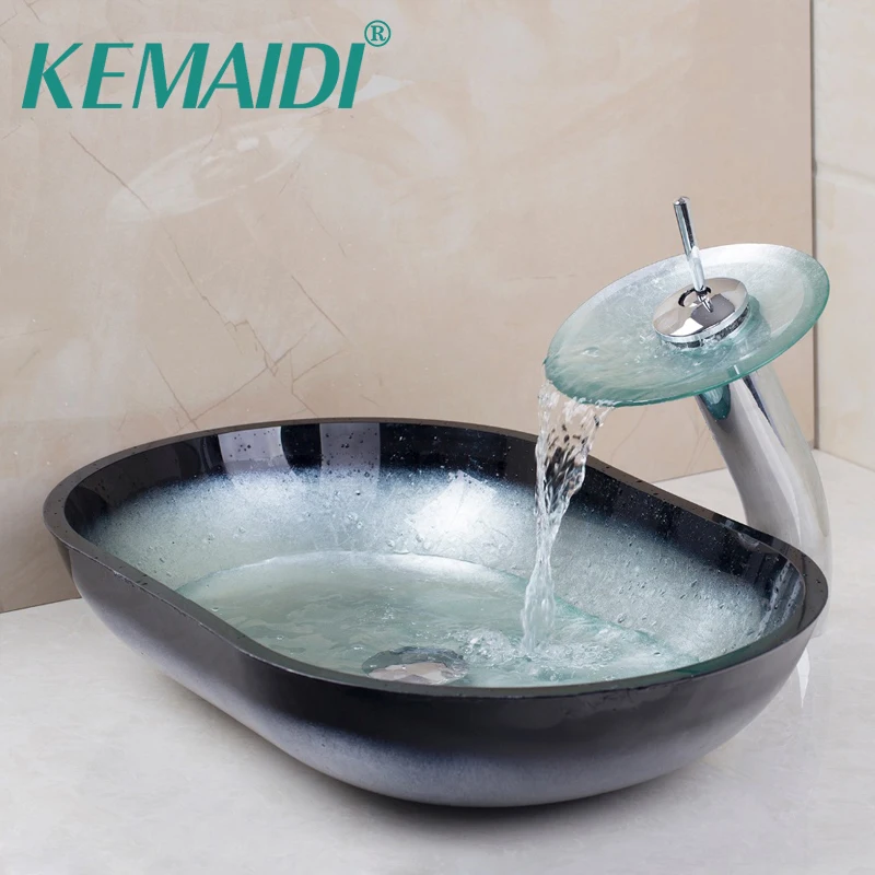 KEMAIDI Oval Hand Paint Colorful Wash Tempered Glass Basin Sink With Brass Chrome Faucet Tap Mixer Set With Pop Up Drain