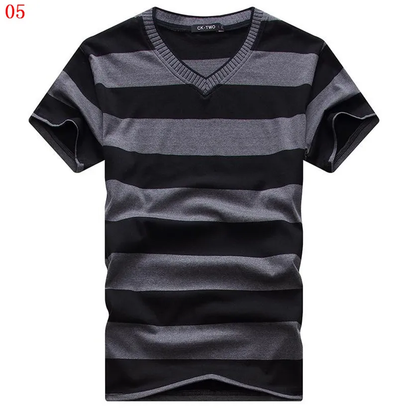 Male V-neck Tees Tops Men\'s Short Sleeve Tshirt Man Cotton Striped T Shirts Mens Clothing Multi Size