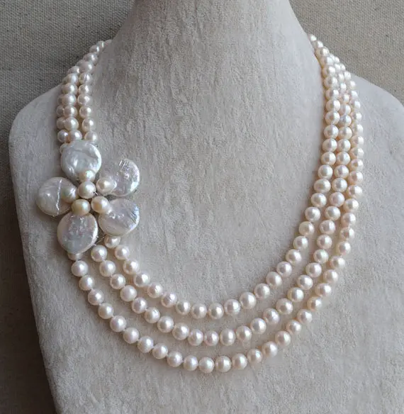 

Perfect Pearl Necklace,18-20 Inches ,7-8mm White Color Freshwater Pearl Necklace,Handmade Flower Necklace