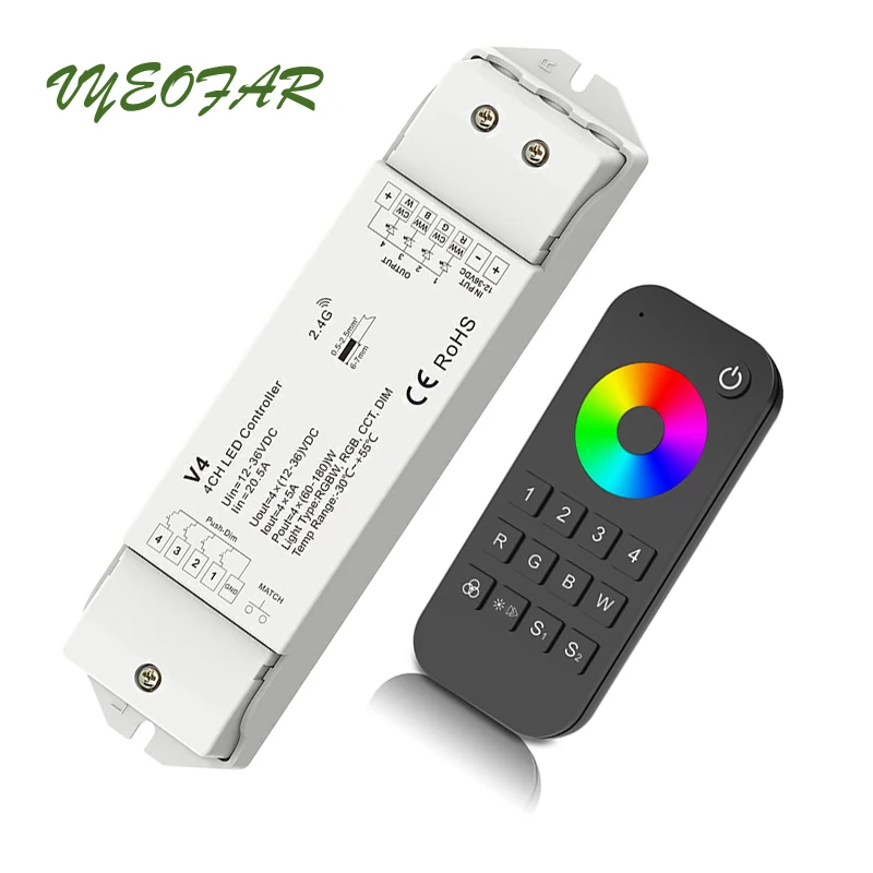 

Led RGB RGBW Strip Controller 2.4GHz 4 Zone RF Remote DC12V 24V 5A*4CH 20A Output V4 Wireless Receiver Single CCT Ribbon Tape