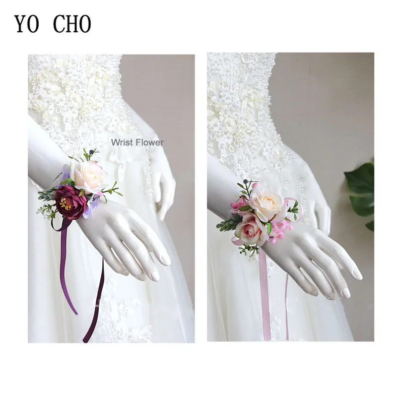 YO CHO Bridesmaid Wrist Corsage Bracelet Flower Rose Silk Wrist Corsage Cuff Bracelets Wedding Decoration Marriage Wrist Corsage