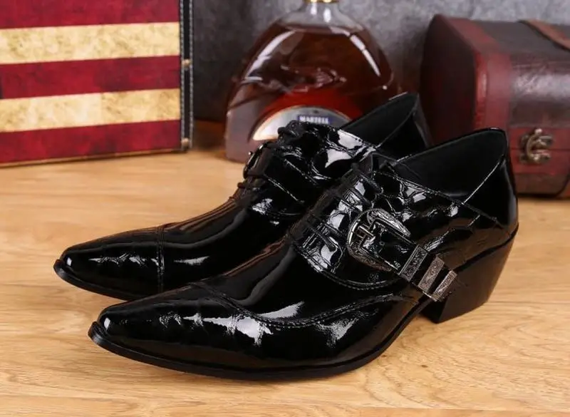 men\'s genuine leather pointed toe shoes lace-up business dress shoes men British style party wedding fashion buckle high heels