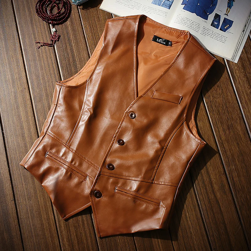 PU Coat New Arrival Men Fashion Vest Single Breasted Design Men's Sleeveless Vests Dress Slim Fit Outwear Hot Vests MQ296 image 3