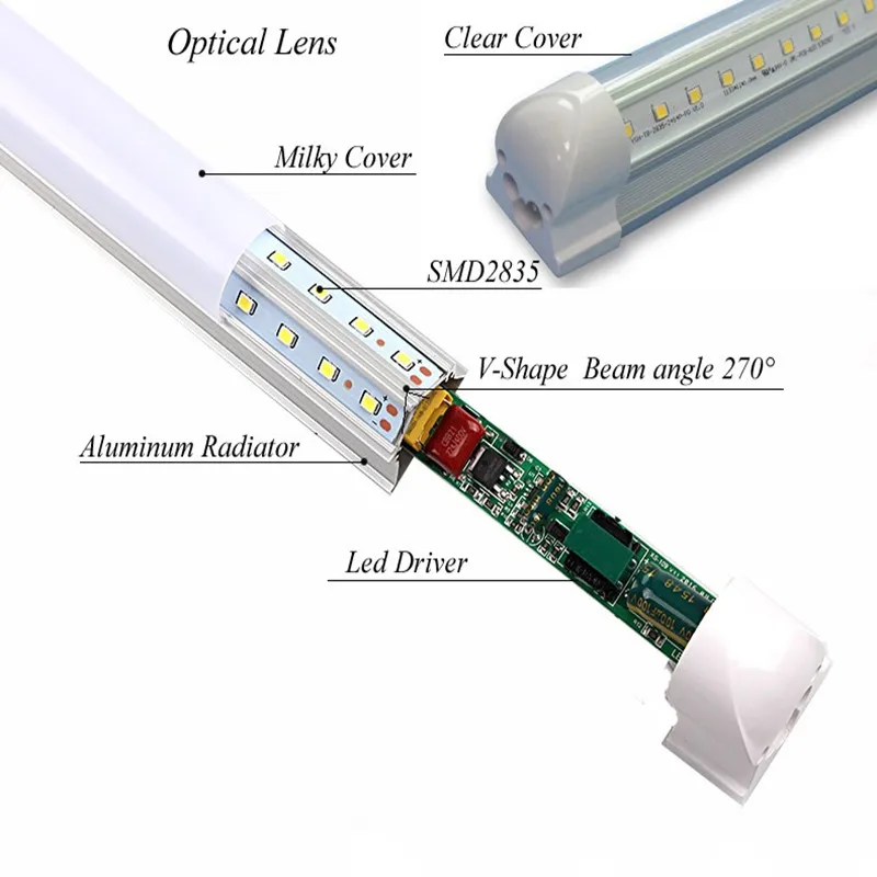 T8 5 Feet V Shaped 4ft 5ft 6ft 8ft 4800 Lumen Tube Integrated LED Tubes Light Replace Fluorescent Light AC85-265V