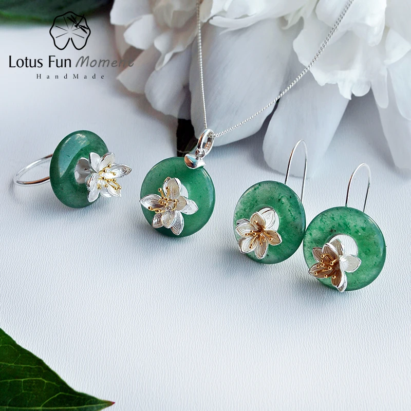 Lotus Fun Moment Real 925 Sterling Silver Natural Green Stone Creative Handmade Fashion Lotus Whispers Jewelry Set for Women