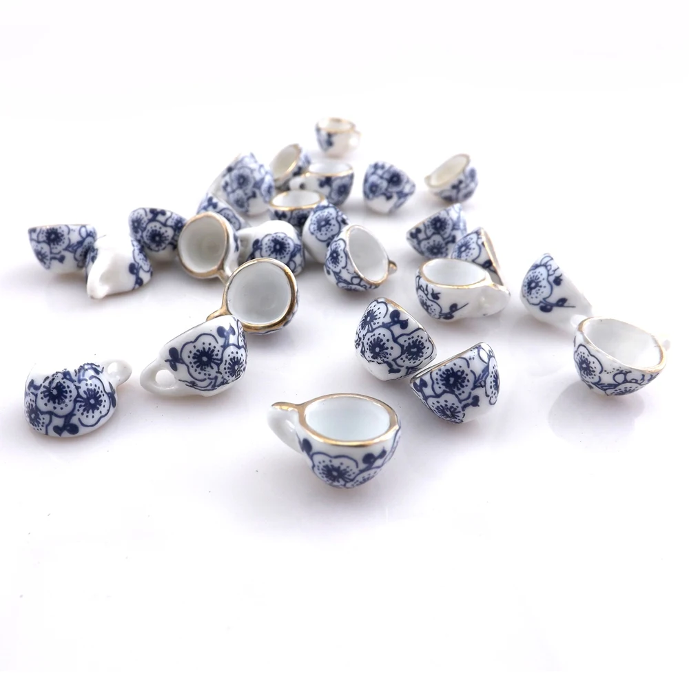 50pcs/lot Blue Flower Printed Antique Chinese Style Teacup Pendants 16x11x9mm Ceramic Charms For DIY