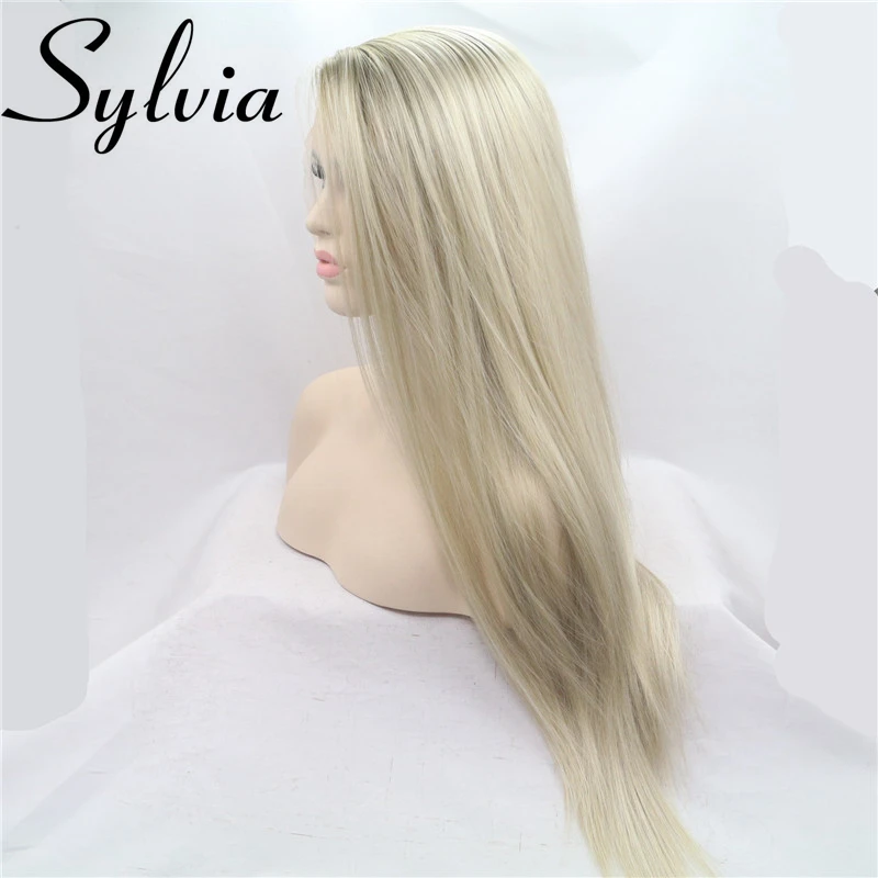 Sylvia Ombre Blonde Glueless Lace Front Wigs 2 Tone Color Brown Roots side Part Long Straight Heat Resistant Synthetic womenHair