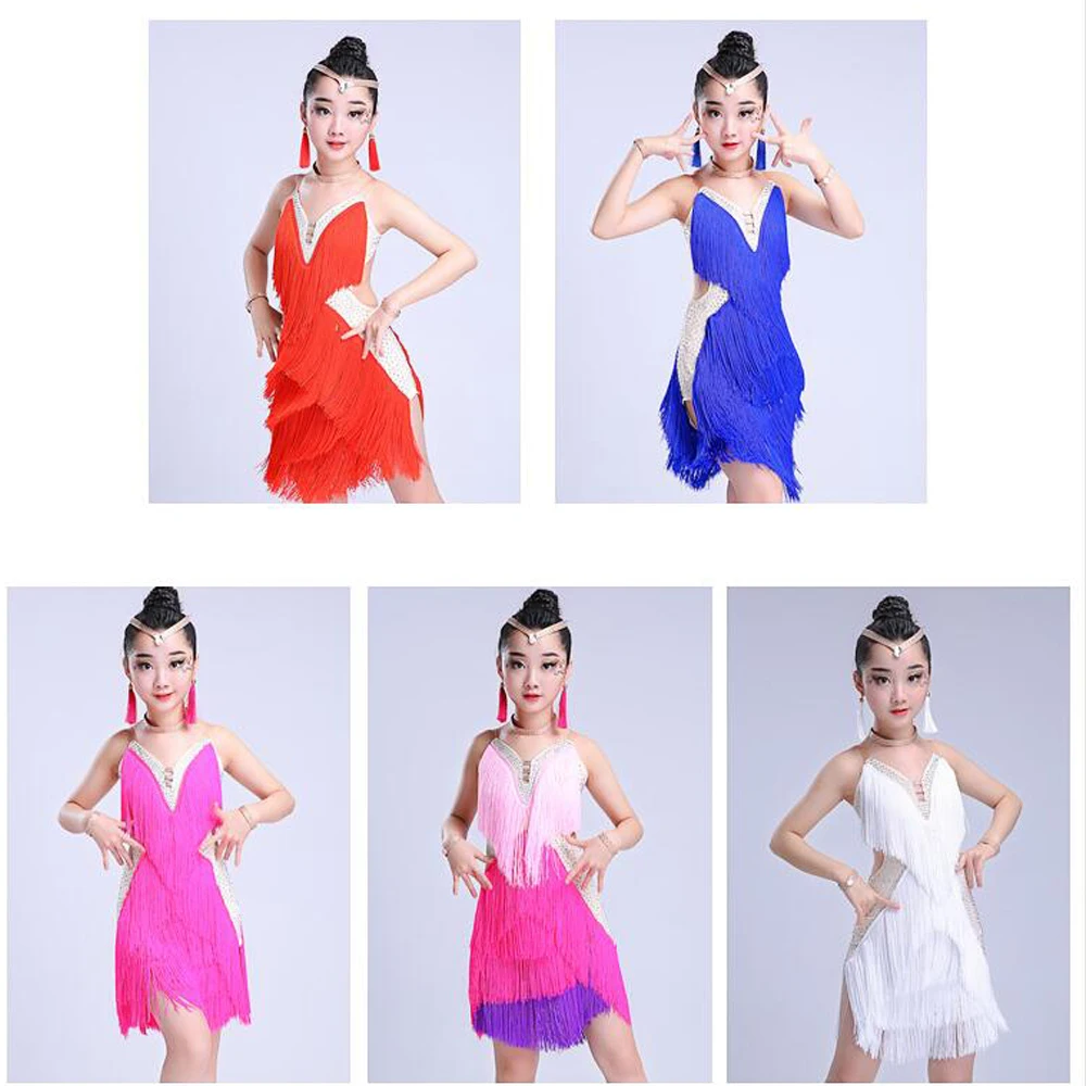 Sequined Girls Kids Junior Club Latin dance Dresses Children Tassels Modern Ballroom Latino Dresses For Dancing Outfits fringes