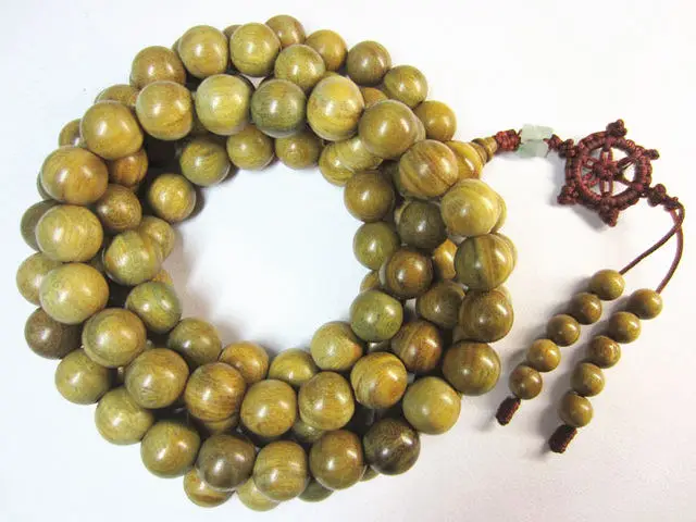 BRO624 Natural Green Sandalwood Beads Necklace 15mm for Man Buddhist 108 Beads Meditation Prayer Malas Rosary Fragrant Verawood