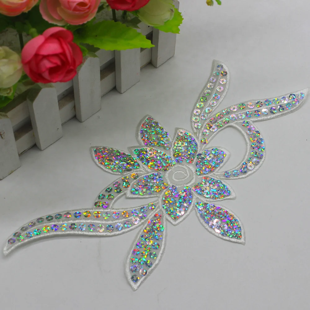 Sequined Flower Appliques Laser Sequins Embroidery Trims Iron On Patches 24*11CM