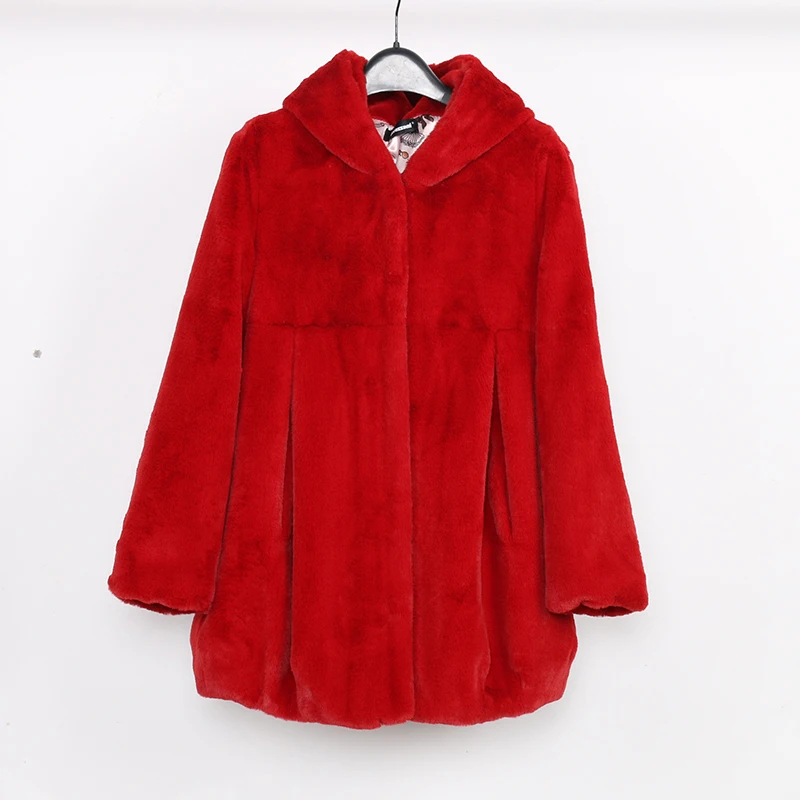Nerazzurri Autumn Pleated Soft Furry Faux Fur Coat Women with Hood High waist Black Red Pink Light Soft Fluffy Jacket 2021