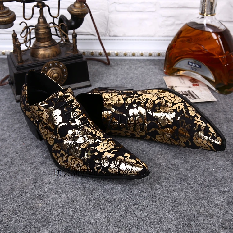 

British style summer mens dress shoes elegant floral print high heels pointy oxford shoes for men shoes leather velvet loafers