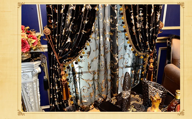 Custom curtain black gold European American high quality curtain luxurious velvet Bronzing cloth blackout curtain valance E655 image 3