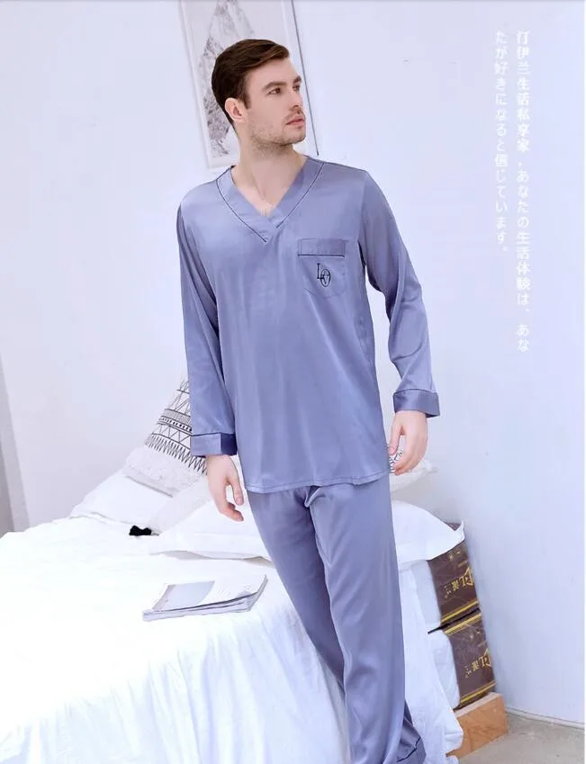 Men's Long Sleeved Ice Silk Satin Set Home Clothes Leisure Students Youth Sleepwear Modern Style Plus Size Nightgown J034