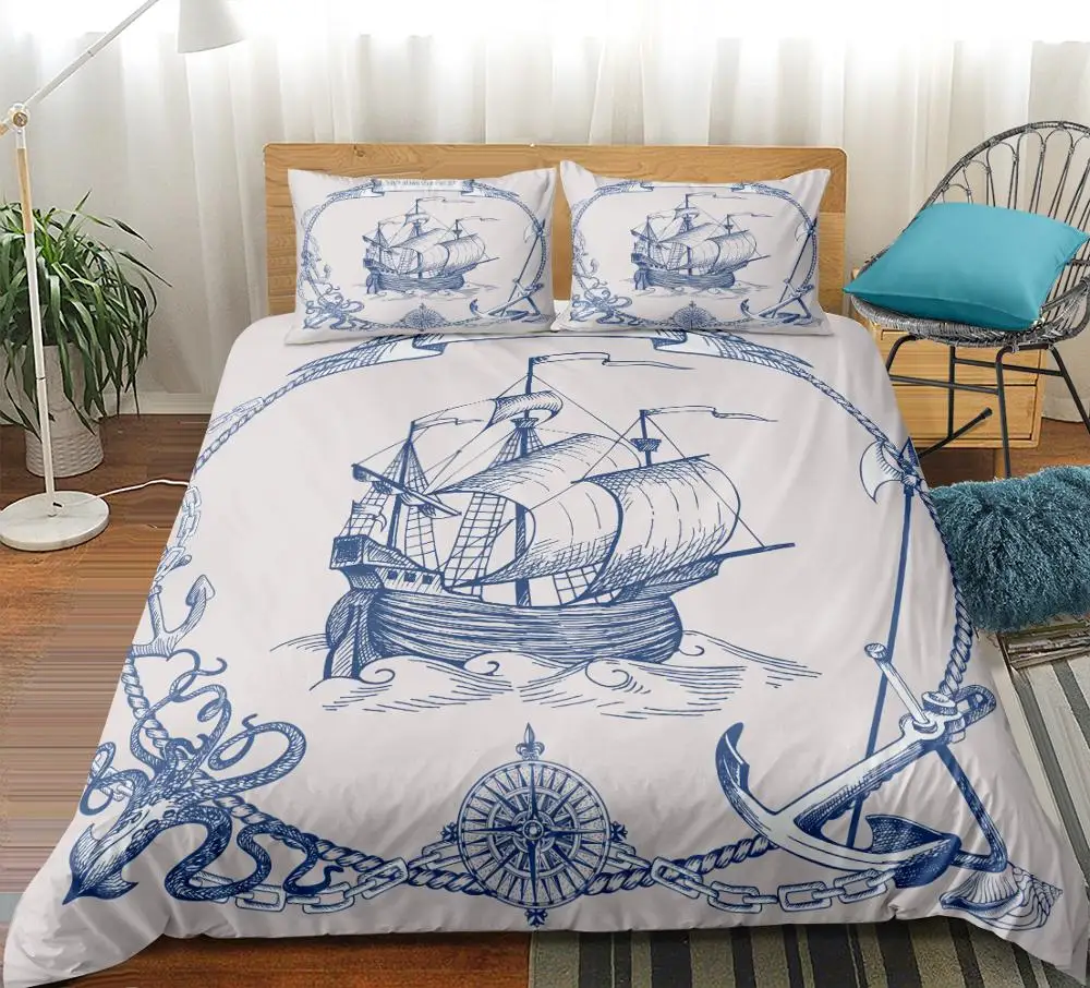 Sailboat Bedding Set Anchor Duvet Cover Set Vintage Style Bedspreads Compass Quilt Cover Set Queen Nautical Decor Map Bed Line