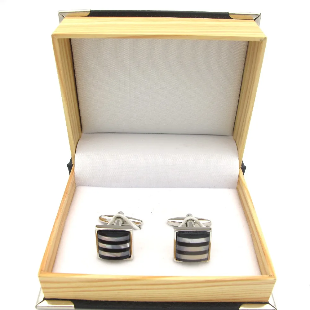 iGame Men's Shell Cuff Links Silver Color Brass Material White Stripes Design Shirt Cufflinks