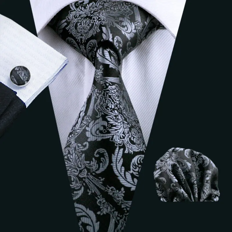 LS-822 Mens Tie Black Paisley 100% Silk Classic Barry.Wang Tie Hanky Cufflinks Set For Men Formal Wedding Party Groom Hot Sell