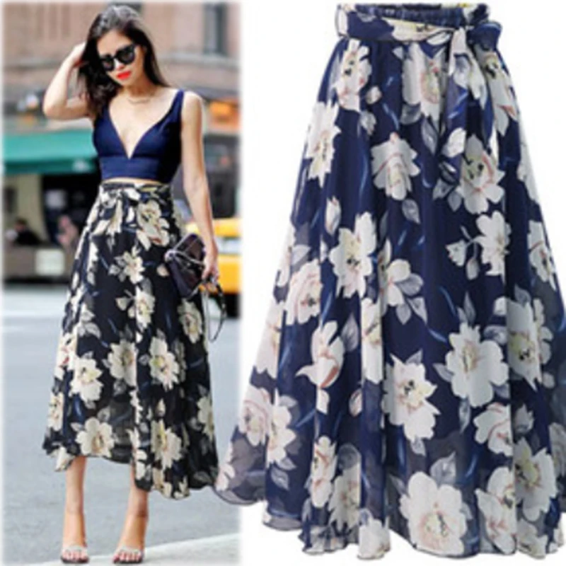 New Plus Size Women Chiffon Skirt Europe Fashion Bow Saia Midi Lining Jupe Femme Lace Up Falda Mujer Summer Print Floral Skirts