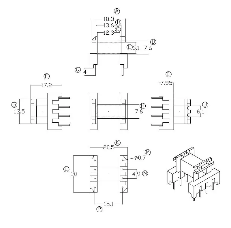 10pcs EF20 4+4 Horizontal Transformer Bobbin PC40 Magnet Ferrite Core Pin Pitch 5mm Row Pitch 15mm