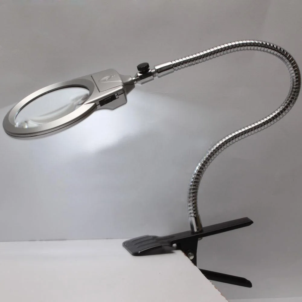 2.5x 5x New Lighted Magnifier Clip-on Table Top Desk LED Lamp Reading Large Lens Magnifying Glass with Clamp