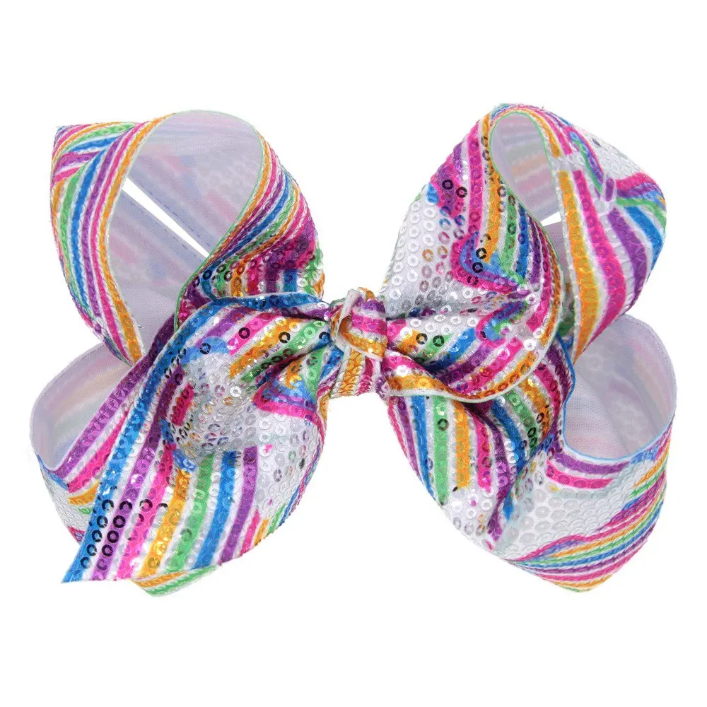 Wholesale 18cm Girl Hair Accessories Boutique Rainbow Shimmer Glitter Sequin Unicorn JOJO Hair Bow With Clip