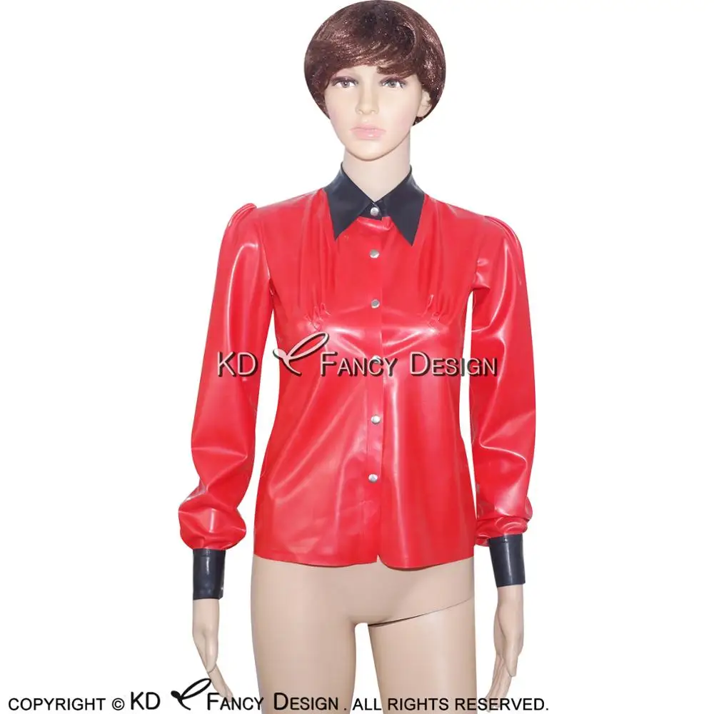 Red With Black Sexy Latex Blouse Buttons At Front Puff Sleeves Rubber Shirts Top Clothes YF-0022