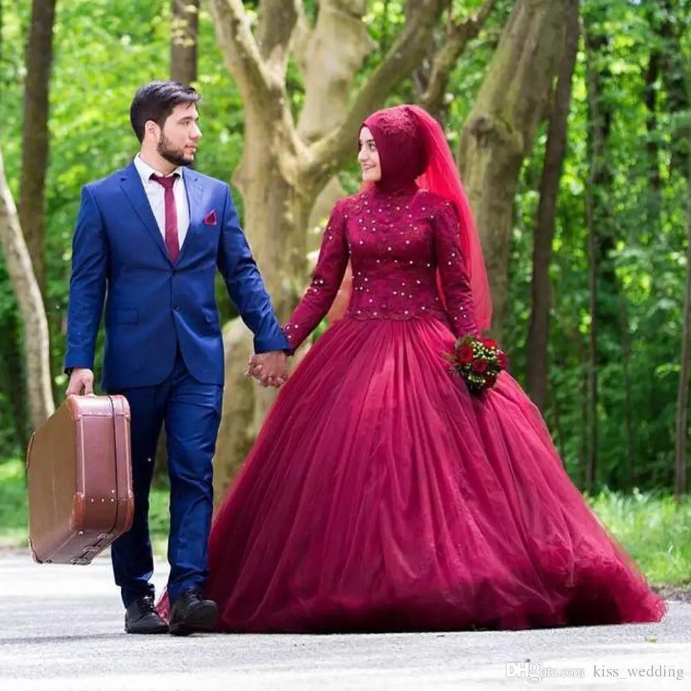 Muslimische Frauen 2020 Elegante Designer wein Rot Hochzeit Kleider Mit Ärmeln Brautkleid brautkleid gericht zug Vestido De Noiva