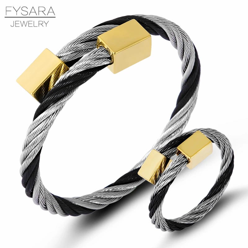FYSARA Adjustable Wire Cable Bracelets Rings Stainless Steel Jewelry Set For Women Men Party Multi Color Ring+Bangle Set Jewelry