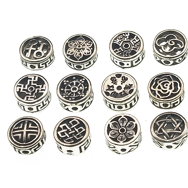 10pcs 12x6mm Antique Silver Flower Round Flat Beads DIY Charms Bracelet Spacer Metal Beads For European Craft Jewelry Making