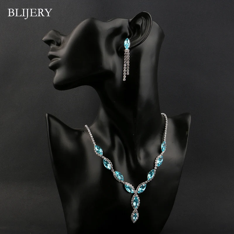 BLIJERY Charm Sky Blue Crystal Wedding Jewelry Set Silver Plated Floral Necklace Earrings Bracelet for Women Bridal Jewelry Sets