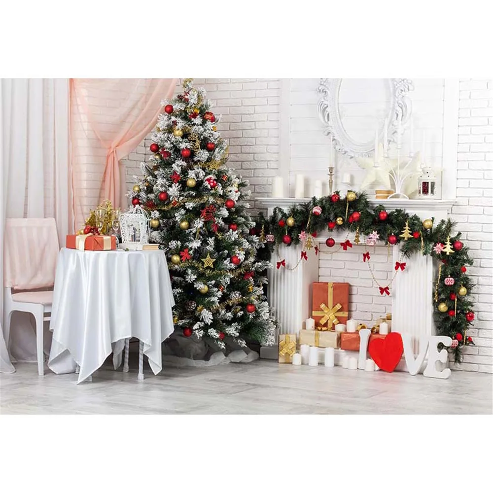 

Indoor White Brick Wall Christmas Party Background Printed Xmas Tree with Gold Red Balls Love Theme Family Photography Backdrops