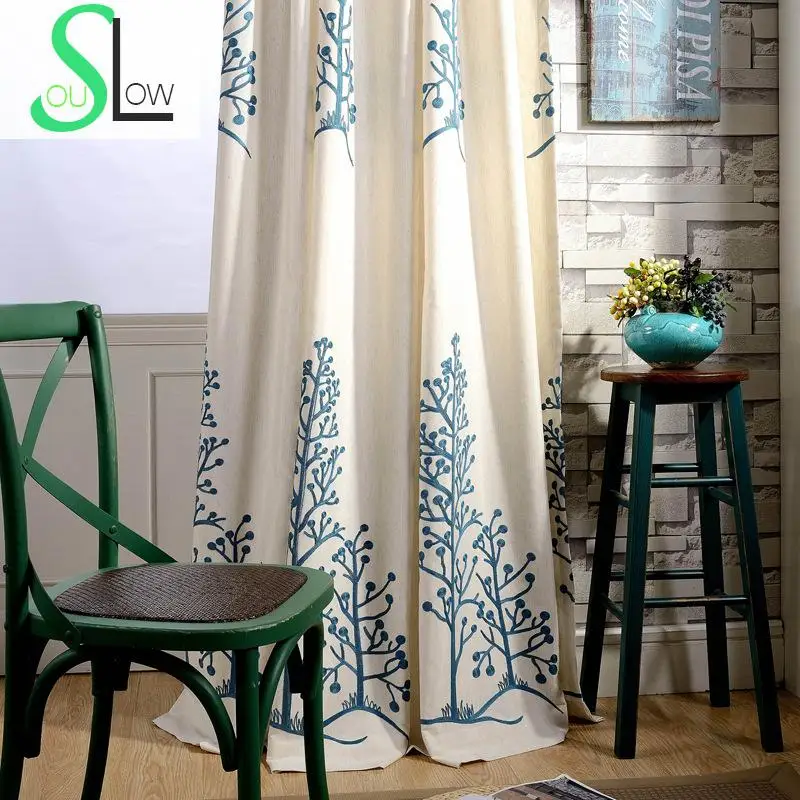 Blue twin Cotton Embroidered Curtain Elegant Study Floral French Window Curtains Living Room Quality Bedroom Kitchen 3d Rideaux