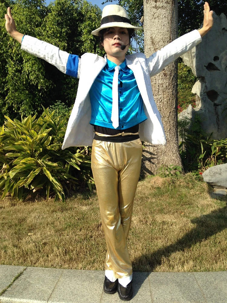 MJ Custom Made Costume Child Adult Michael Jackson Cosplay Stripes Smooth Criminal Suit Jacket +Pants+Shirt+Hat+Tie