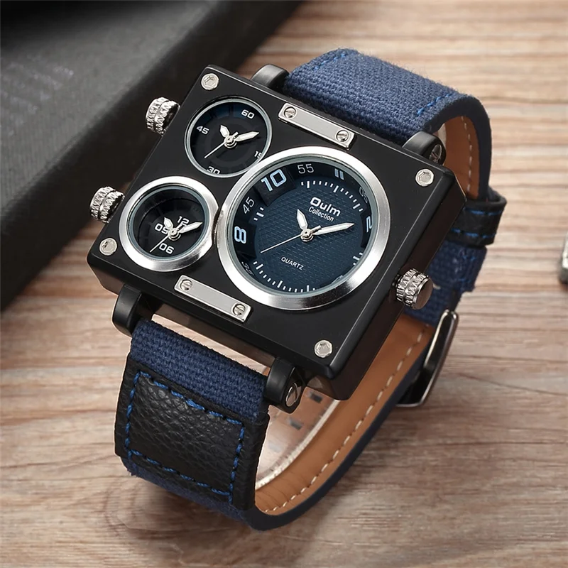 Men's Watches Top Brand Luxury Oulm 3595 Unique Designer Watches Men Fashion Square Big Face 3 Time Zone Casual Quartz Watch