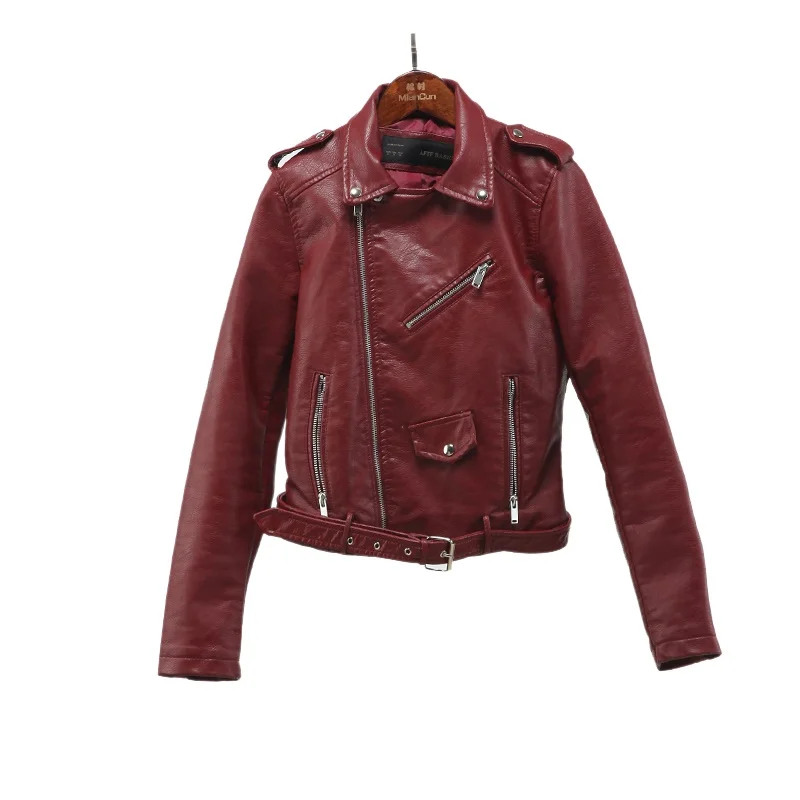 Nova Moda Primavera Outono Mulheres Jaqueta de Couro Falso Macio Manga Longa Rosa Casaco Biker Com Zíper Motocicleta Projeto PU Jaqueta Vermelha