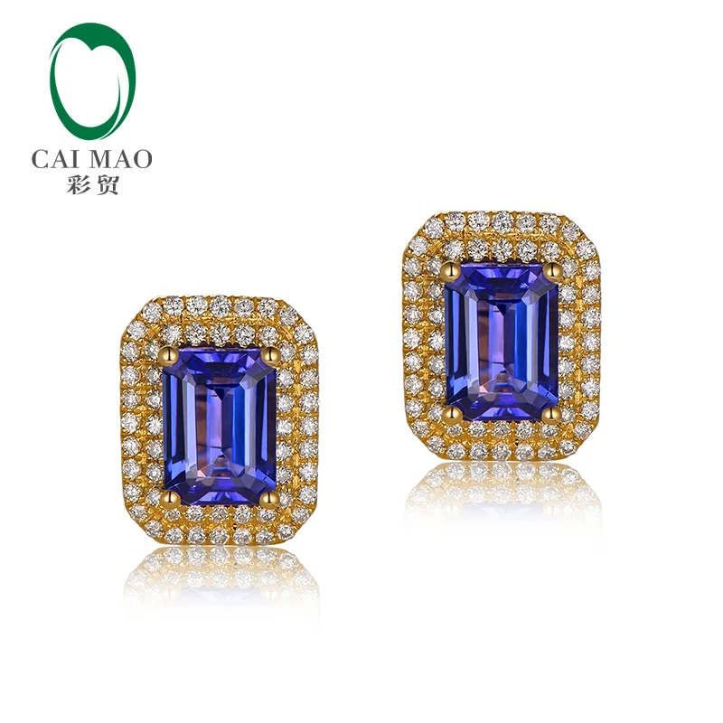 

CAIMAO Natural 2.41ct Emerald Cut Tanzanite Pave Halo H SI Diamond Solid 14kt Yellow Gold Earrings For Women