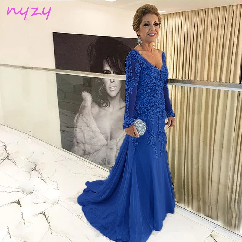 NYZY-Vestido largo de tul para mujer, traje de noche Formal de encaje con manga larga y cuello en V, color rosa perla, M55J, 2019