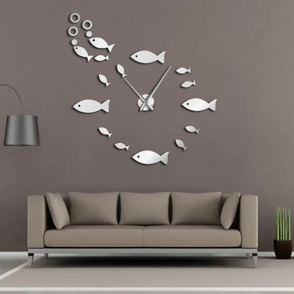 Fish With Bubble DIY Giant Wall Clock Mirror Effect Wall Art Home Decor Aquarium Decoration Frameless Big Needle Clock Watch