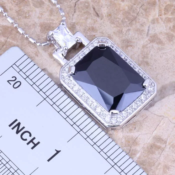 Jolly Black Cubic Zirconia White CZ Silver Plated Earrings Pendant Necklace Jewelry Sets S0759