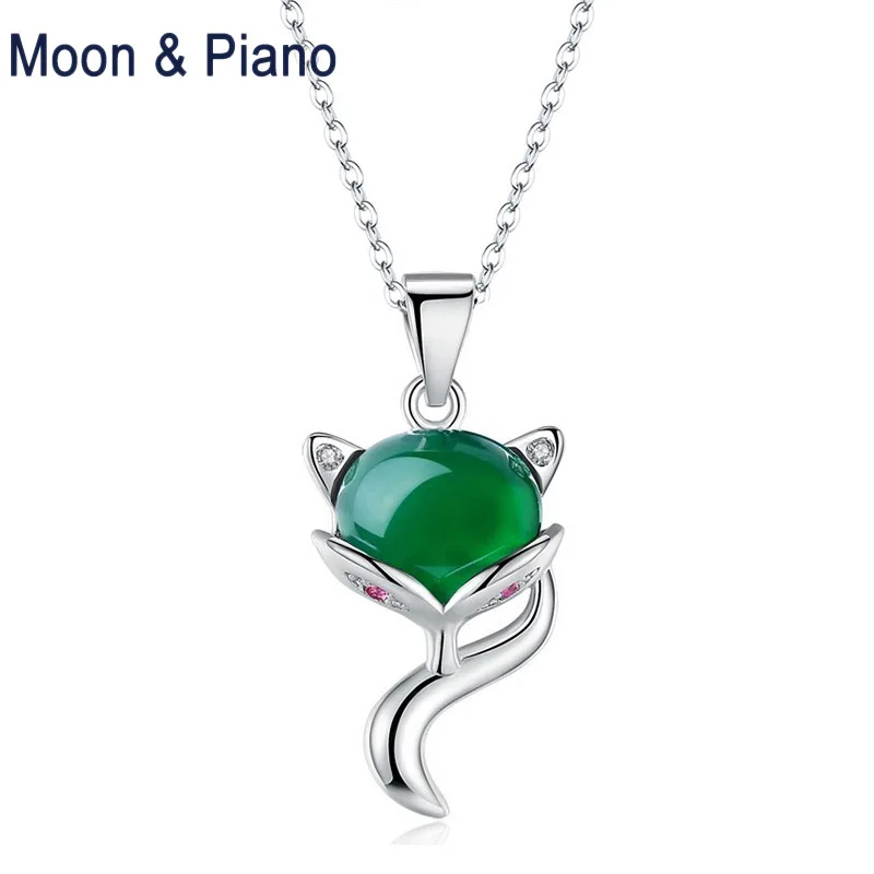 

925 Sterling Silver Natural Green Chalcedony Inlaid Fox Pendant Link Chain Necklace Trendy Party Jewelry for Women