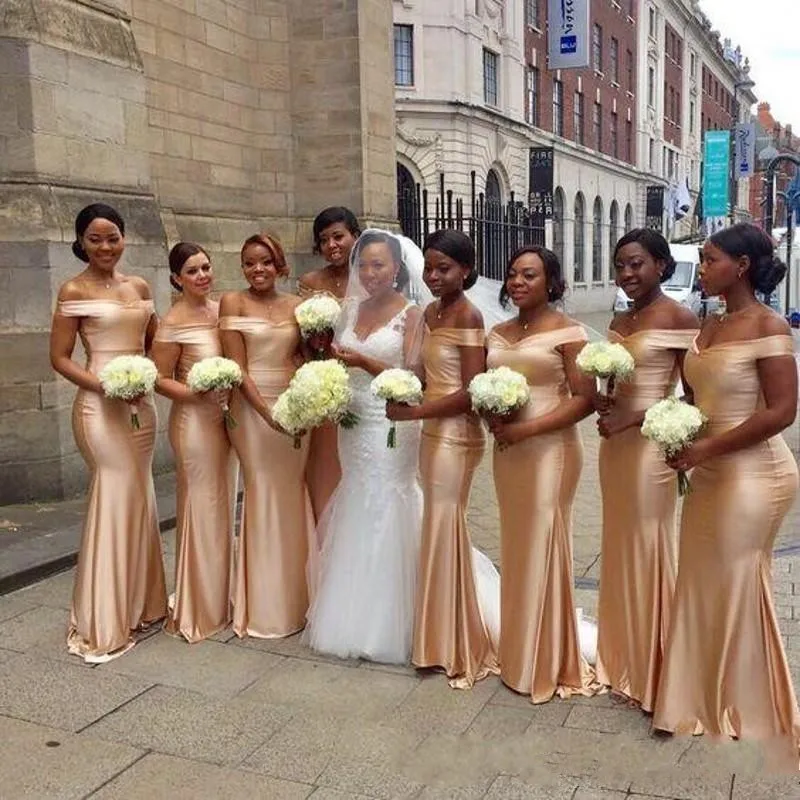 

Gold Bridesmaid Dresses For Women Mermaid Off The Shoulder Long Cheap Under 50 Wedding Party Dresses