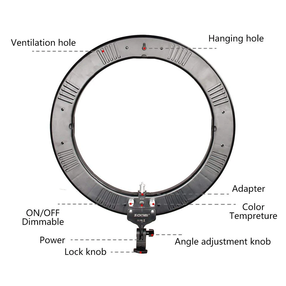 Zomei 18 Inch Vòng LED Ánh Sáng Mờ Chụp Ảnh Chiếu Sáng Phòng Thu Video 3200-5600K Cho Điện Thoại Trang Điểm Sống youtube Chân Dung