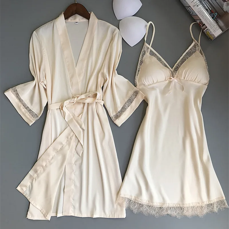 Sexy donne Rayon Kimono accappatoio bianco sposa damigella d\'onore abito da sposa Set pizzo Trim indumenti da notte abbigliamento Casual per la casa