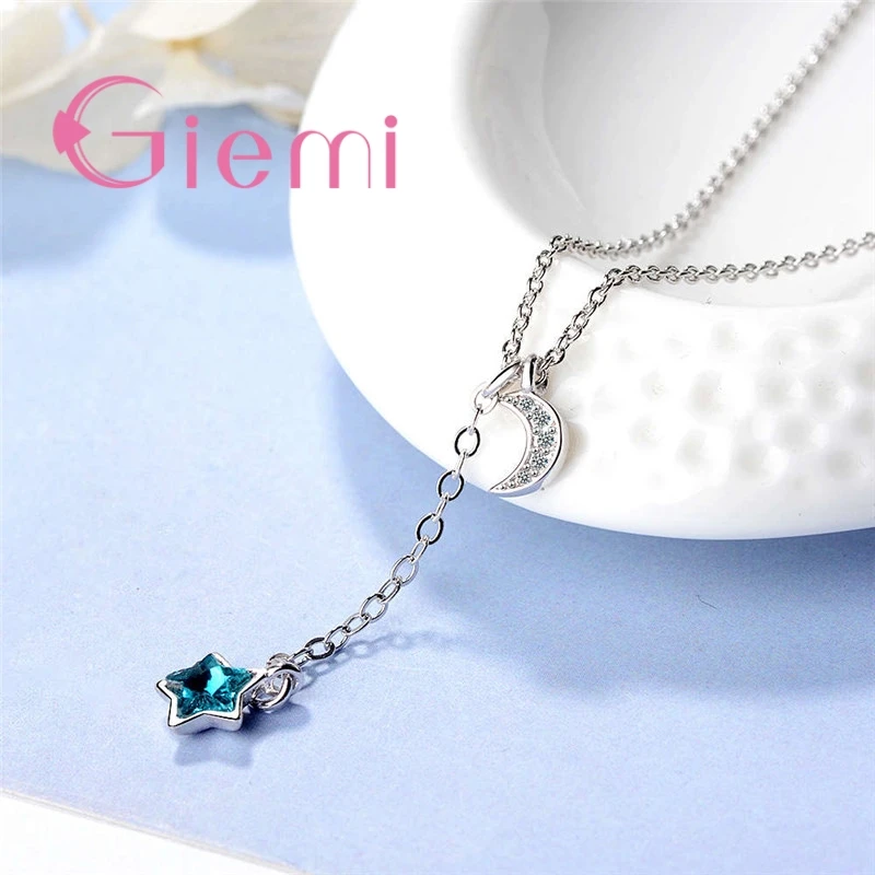 New Korean Latest Model Attractive 925 Sterling Silver  Star Moon Pendant Necklace For Women Ladies Girl Jewelry Gift