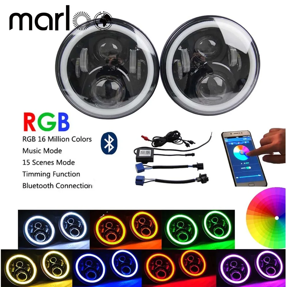 For Jeep Wrangler JK CJ 7inch RGB DRL Halo Ring Round LED Headlights Angel Eyes with Multicolor Bluetooth Remote Control Lights