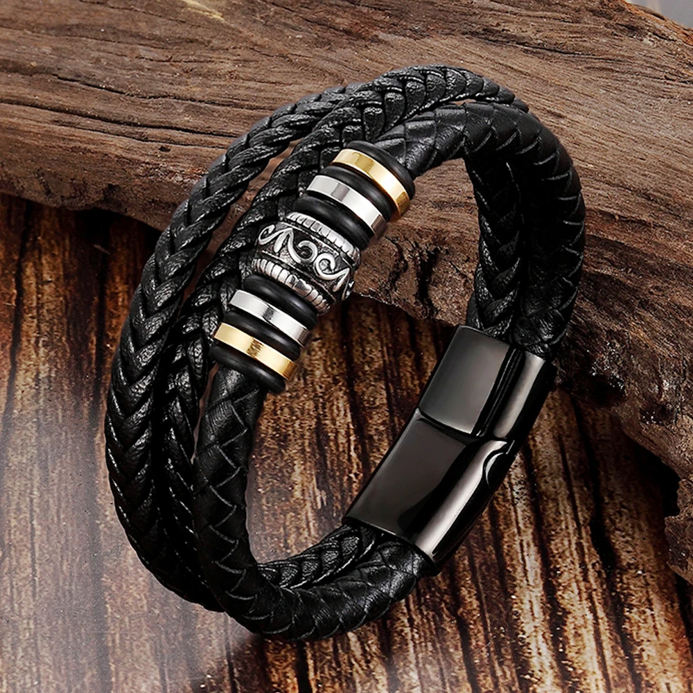 

2019 New Fashion Leather Bracelet Men Weave Handmade Stainless Steel Leather Charm Bracelet For Men Jewelry Gift
