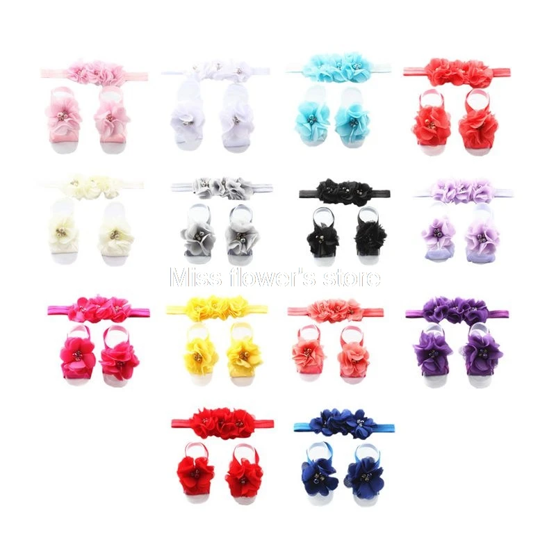 Baby Girl Rhinestone Flower Headband&Foot Band Barefoot Sandals Shoes Photo Prop