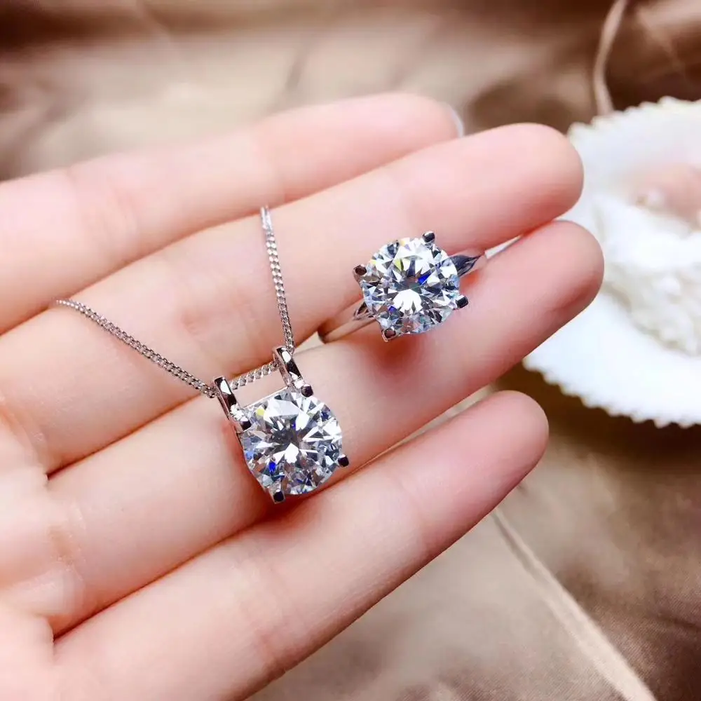 

classic shinning moissanite gemstone ring and necklace jewelry set 925 silver fine jewelry shiny better than diamond party gift