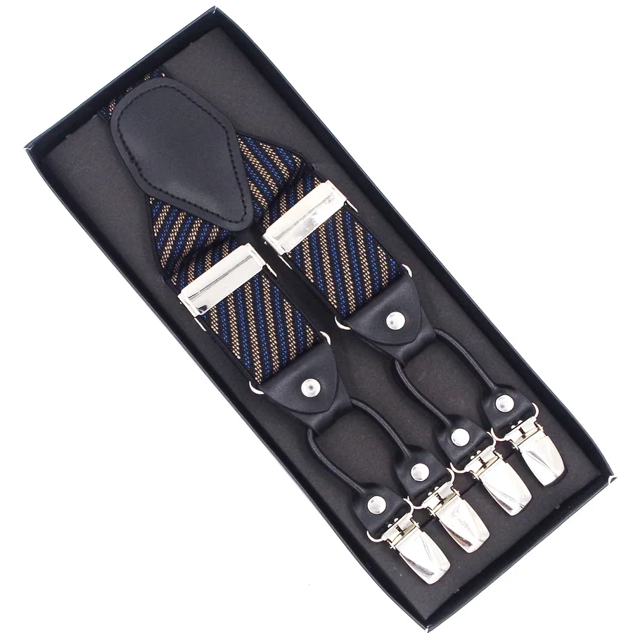 Man's Suspenders Black Leather 6 Clips Braces Vintage Casual Suspensorio Tirantes Trousers Strap Father/Husband's Gift 3.5*120cm