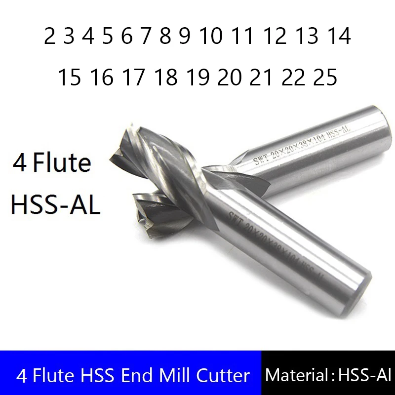 Four 4 Flute HSS End Mill Cutter CNC Bit Milling Cutter 2 3 4 5 6 7 8 9 10 11 12 13 14 15 16 17 18 19 20 21 22 25